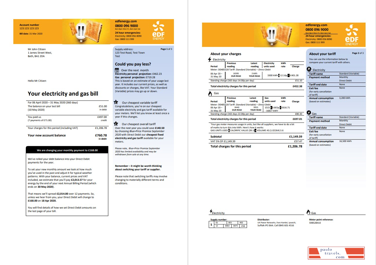 United Kingdom EDF utility bill template in Word and PDF format (3 pages) 1 2